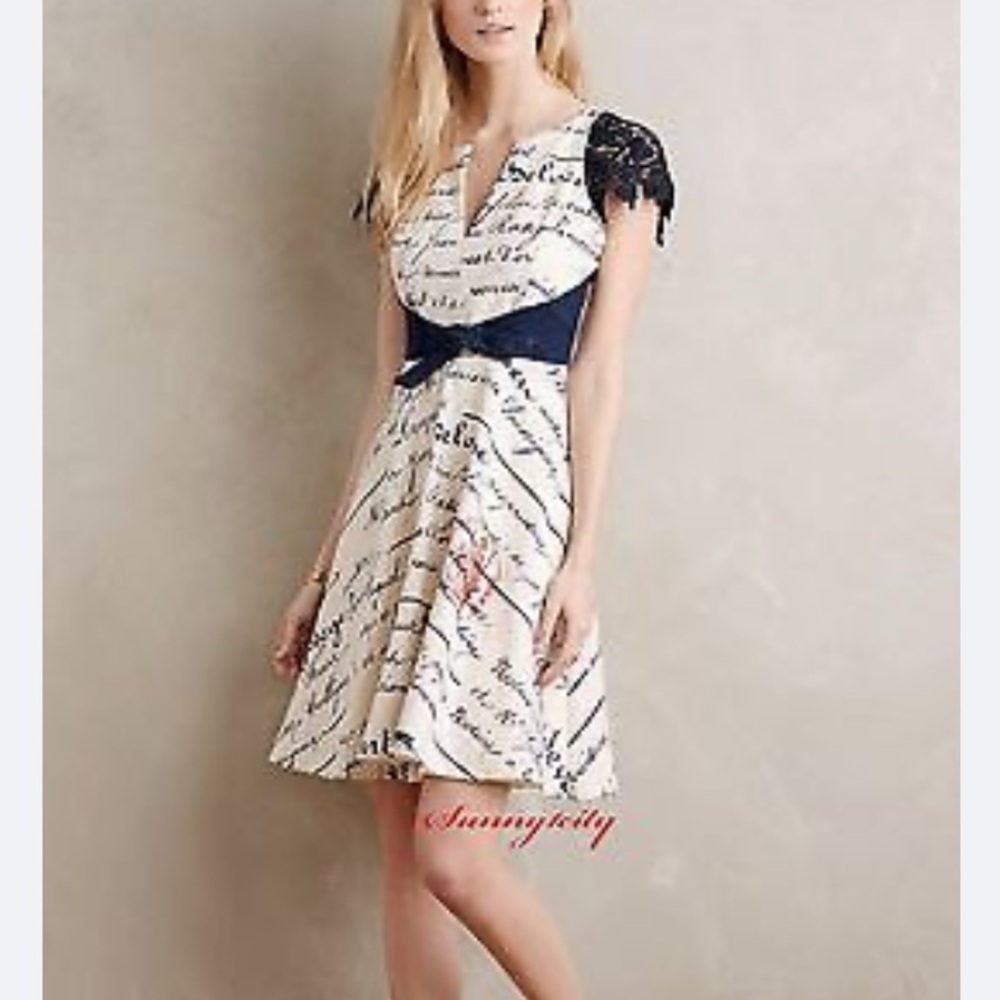 Anthropologie Women's Cream and Blue Dress